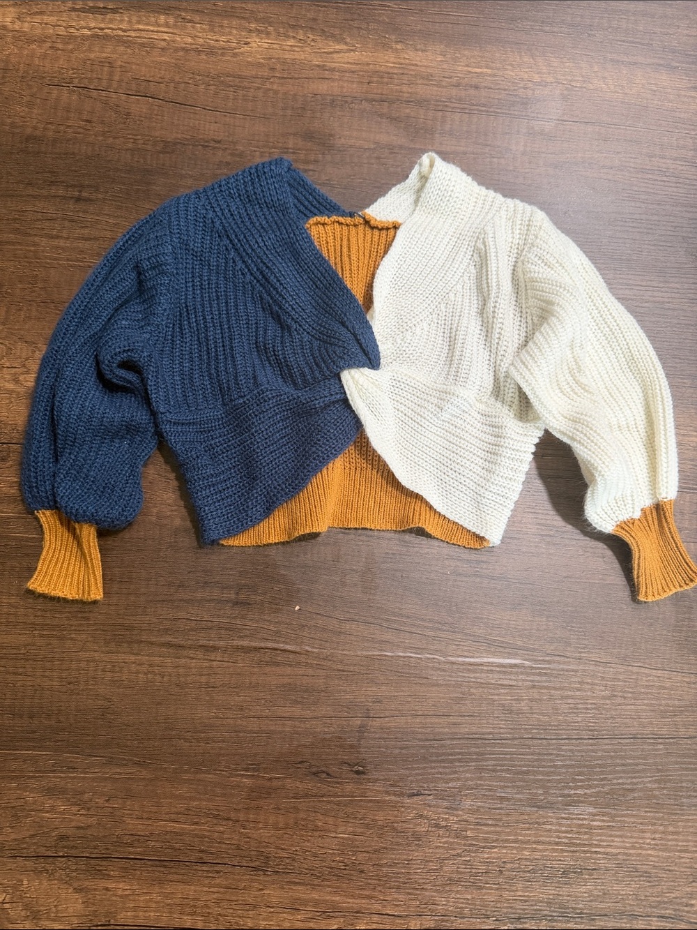SHEIN Colorblock Puff Sleeve Knit Jacket - Navy, Cream & Mustard